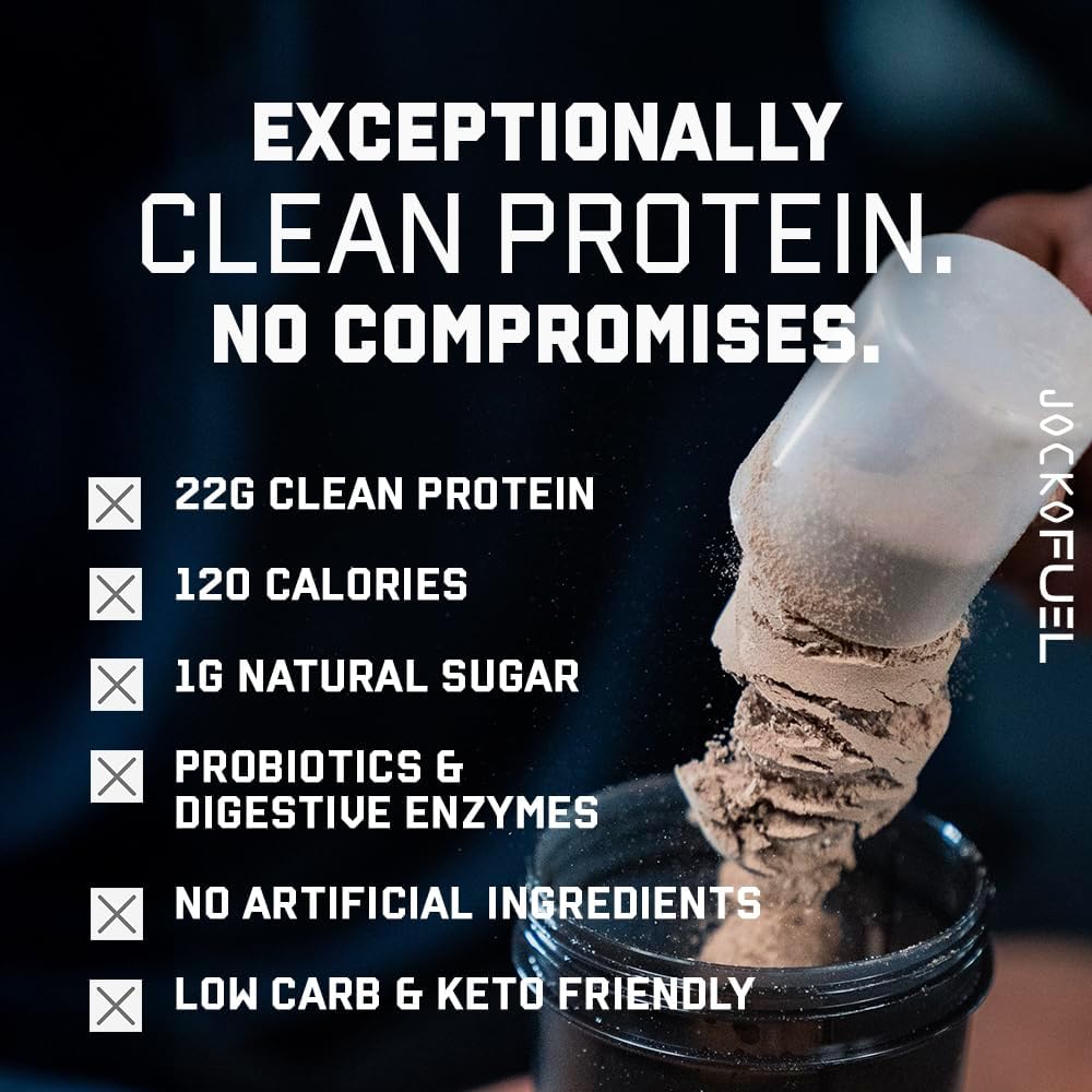 Jocko Fuel Whey Protein Powder contains 22 grams of protein per serving and provides 27 servings per tub.
