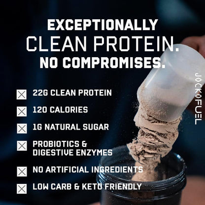 Jocko Fuel Whey Protein Powder contains 22 grams of protein per serving and provides 27 servings per tub.