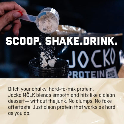 Jocko Fuel Whey Protein Powder contains 22 grams of protein per serving and provides 27 servings per tub.