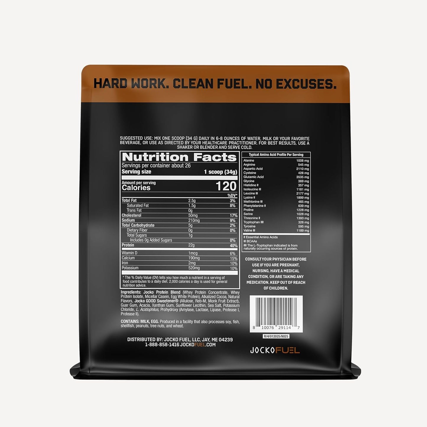 Jocko Fuel Whey Protein Powder contains 22 grams of protein per serving and provides 27 servings per tub.