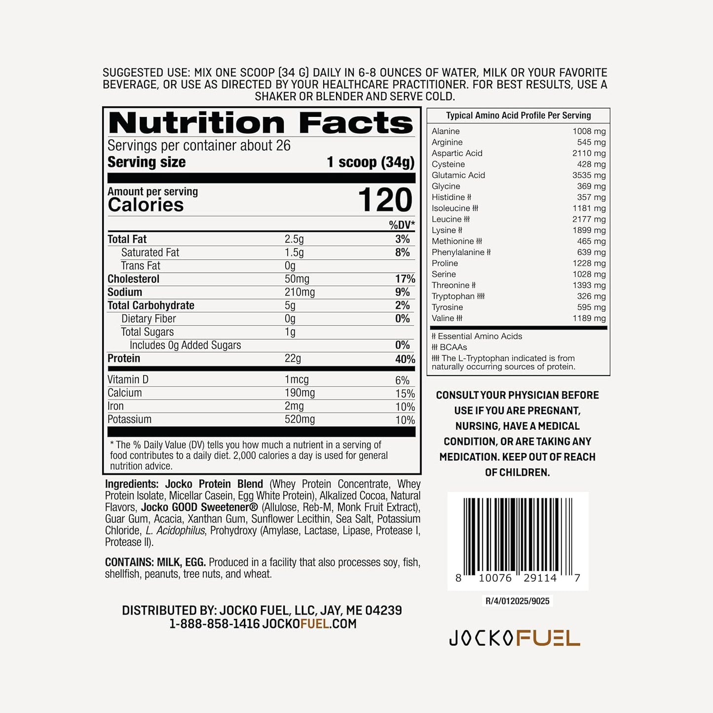 Jocko Fuel Whey Protein Powder contains 22 grams of protein per serving and provides 27 servings per tub.