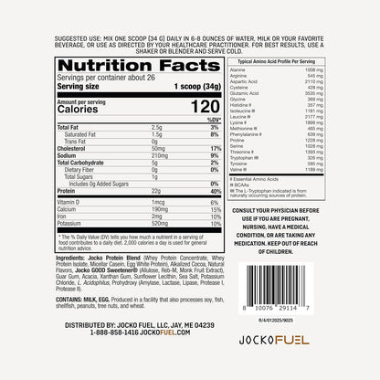 Jocko Fuel Whey Protein Powder contains 22 grams of protein per serving and provides 27 servings per tub.