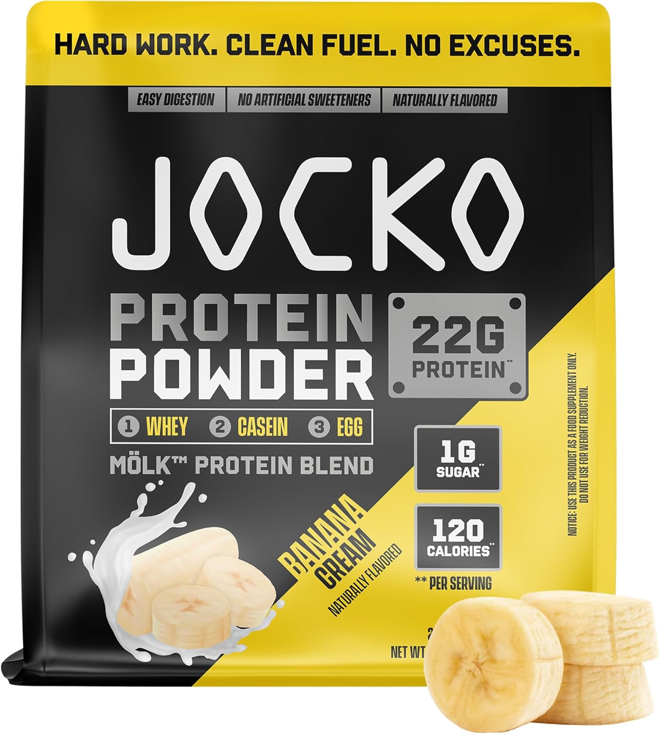 Jocko Fuel Whey Protein Powder contains 22 grams of protein per serving and provides 27 servings per tub.