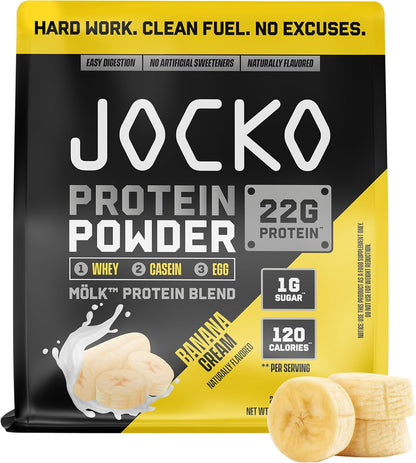 Jocko Fuel Whey Protein Powder contains 22 grams of protein per serving and provides 27 servings per tub.