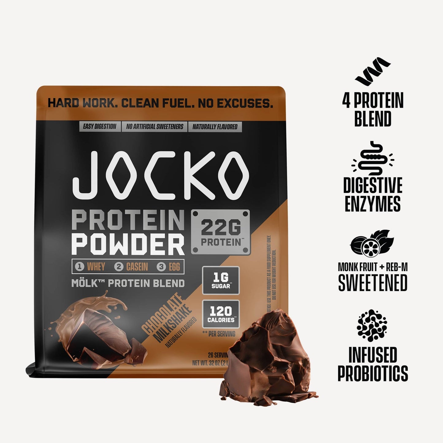 Jocko Fuel Whey Protein Powder contains 22 grams of protein per serving and provides 27 servings per tub.