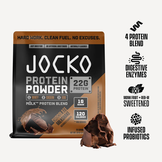 Jocko Fuel Whey Protein Powder contains 22 grams of protein per serving and provides 27 servings per tub.