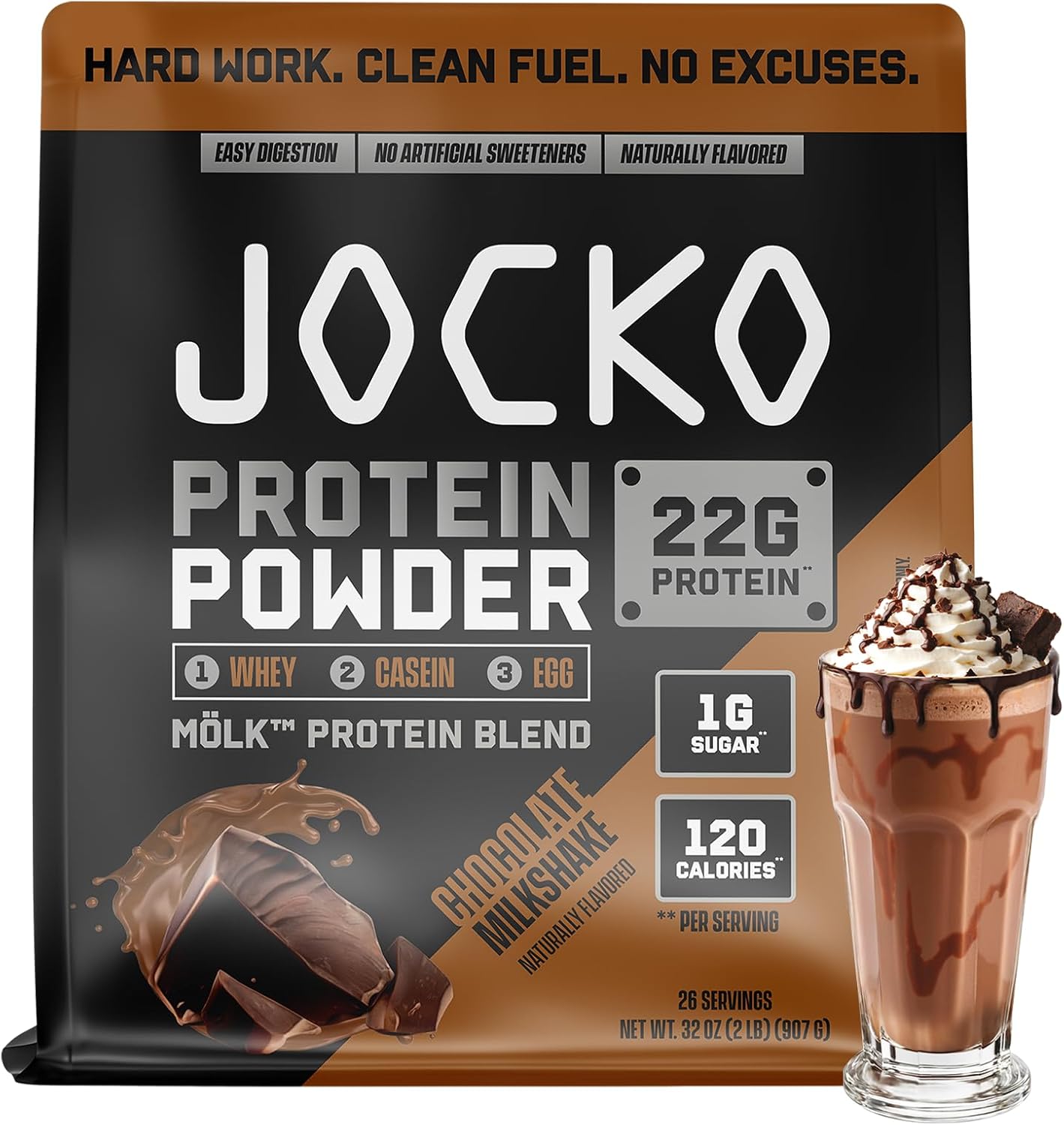Jocko Fuel Whey Protein Powder contains 22 grams of protein per serving and provides 27 servings per tub.