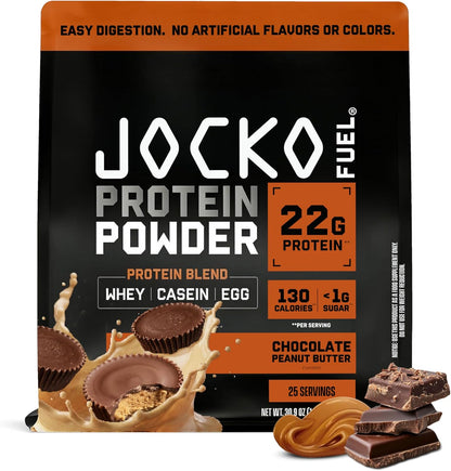 Jocko Fuel Whey Protein Powder contains 22 grams of protein per serving and provides 27 servings per tub.