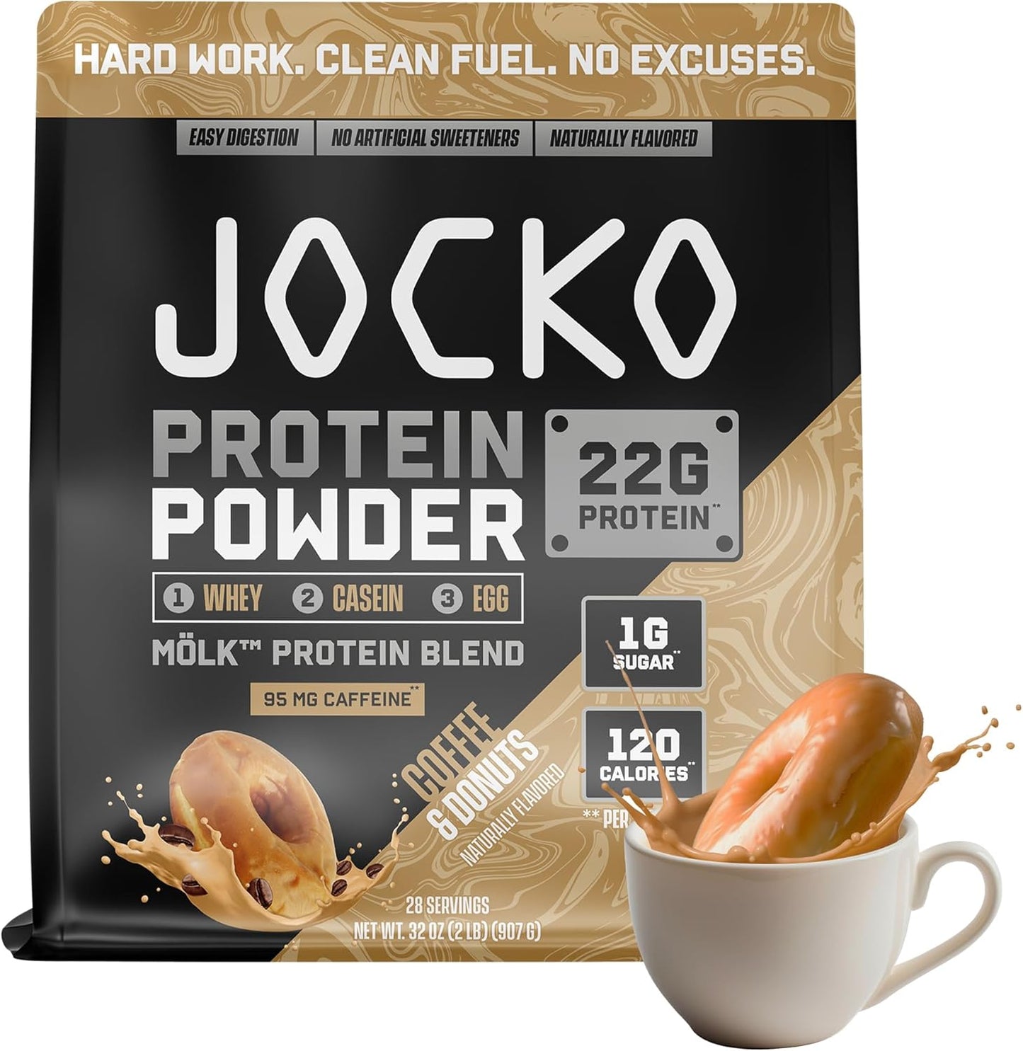Jocko Fuel Whey Protein Powder contains 22 grams of protein per serving and provides 27 servings per tub.