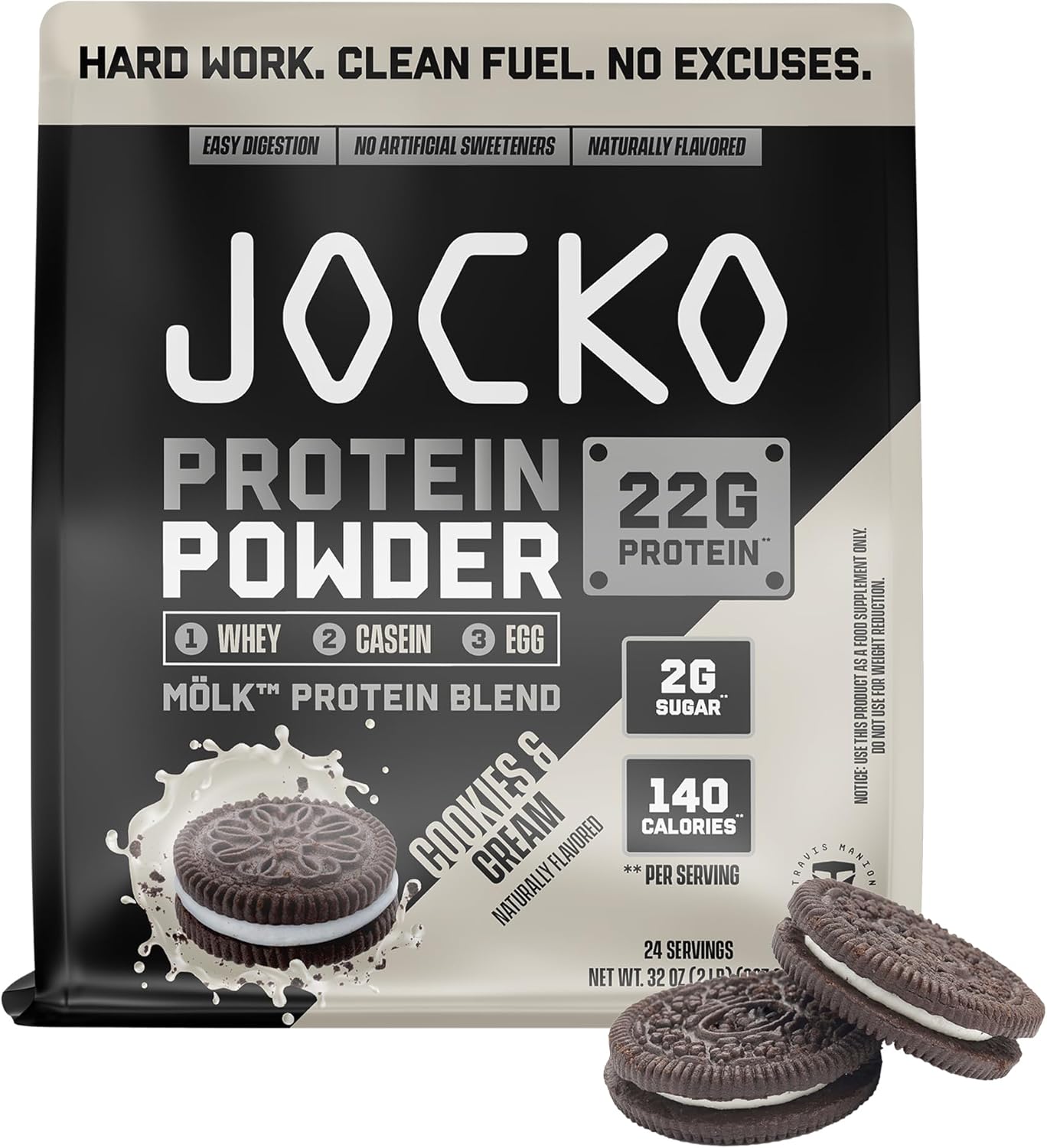 Jocko Fuel Whey Protein Powder contains 22 grams of protein per serving and provides 27 servings per tub.