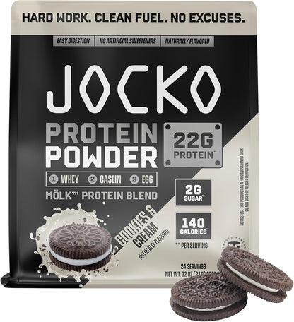 Jocko Fuel Whey Protein Powder contains 22 grams of protein per serving and provides 27 servings per tub.