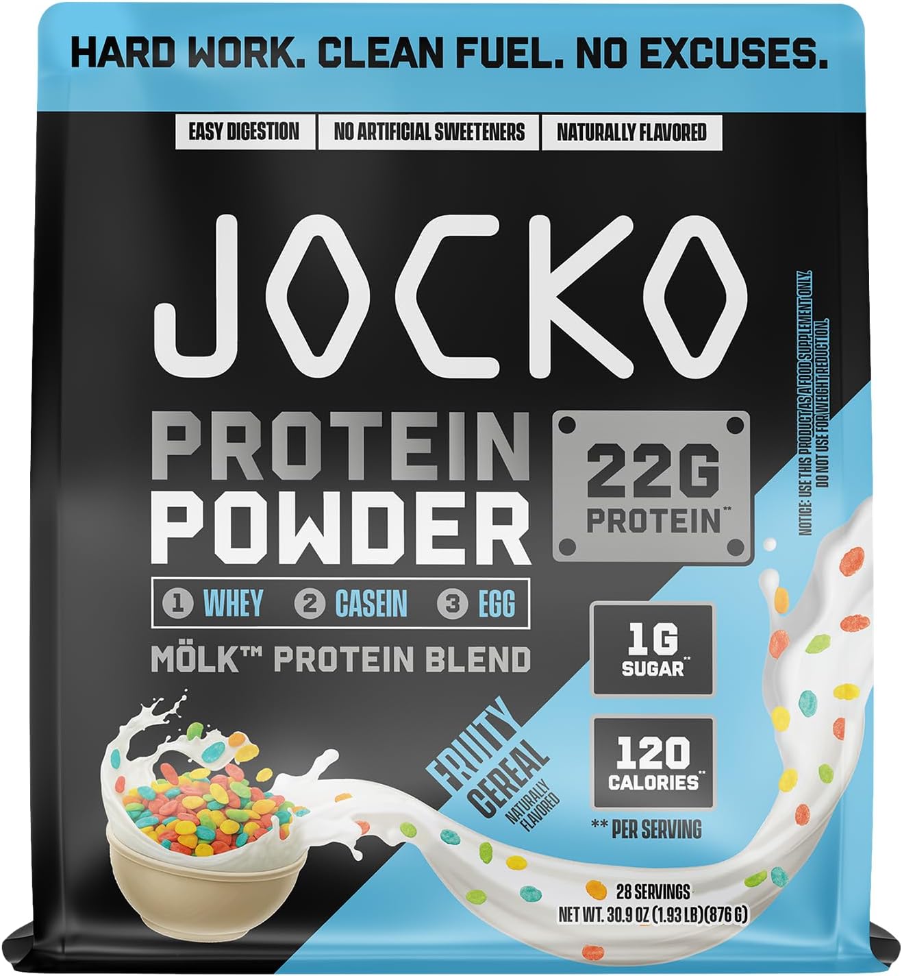 Jocko Fuel Whey Protein Powder contains 22 grams of protein per serving and provides 27 servings per tub.