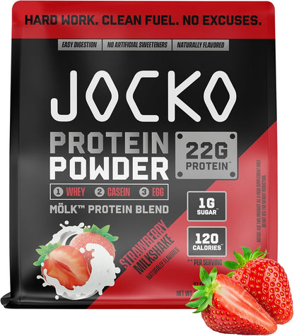 Jocko Fuel Whey Protein Powder contains 22 grams of protein per serving and provides 27 servings per tub.