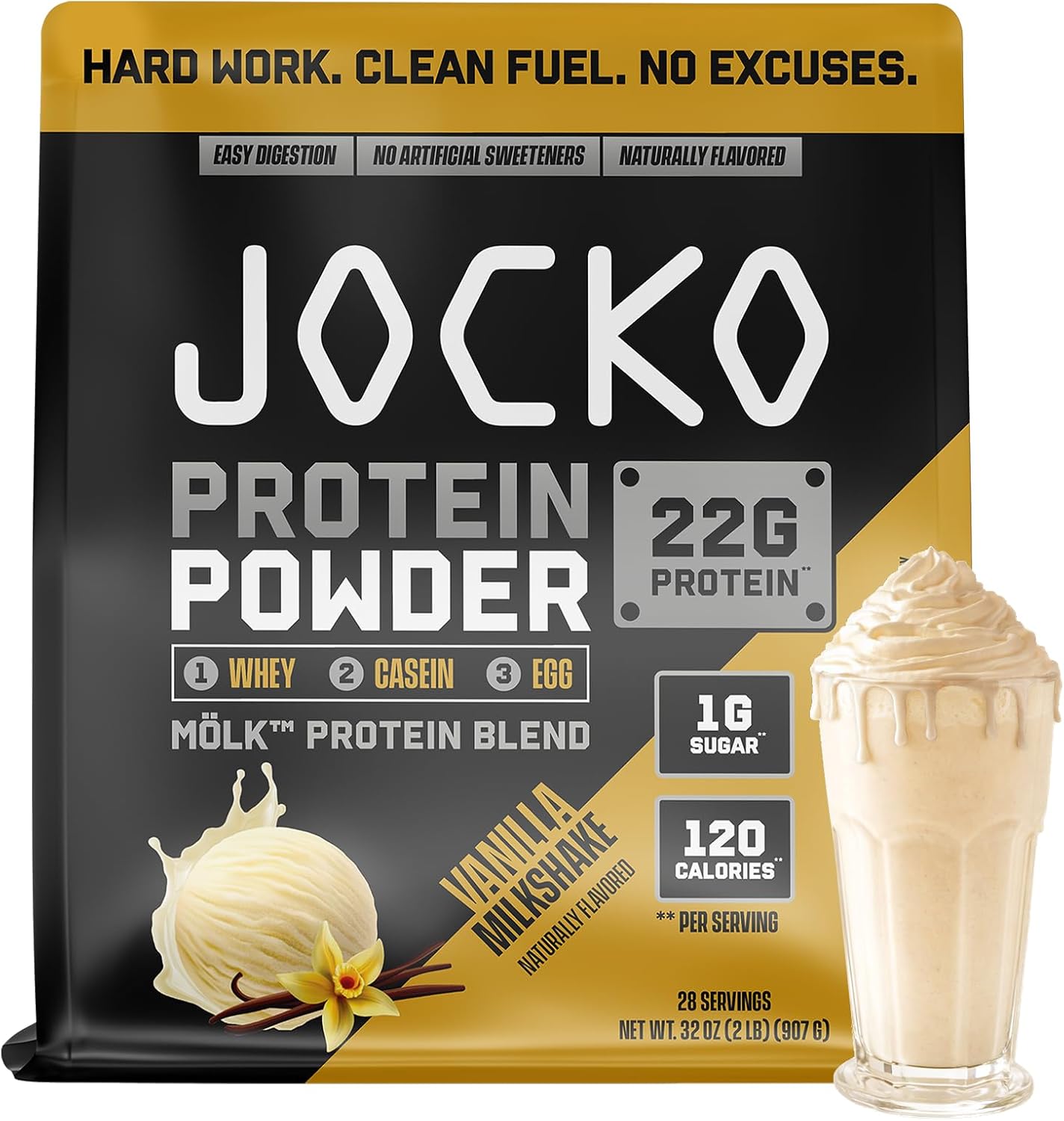 Jocko Fuel Whey Protein Powder contains 22 grams of protein per serving and provides 27 servings per tub.